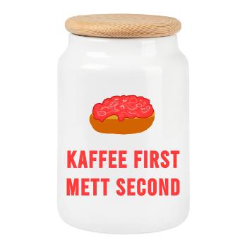 Coffee first Mett second Breakfast Mettbrötchen - Cookie Jar with Wooden Lid - white - Front
