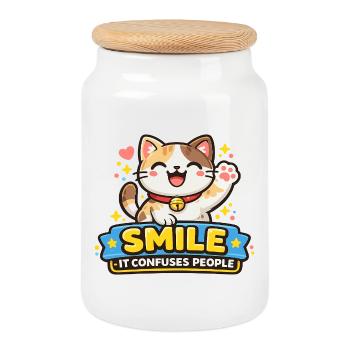 Chat souriant Trouble People - Boîte à biscuits avec couvercle en bois - blanc - Devant