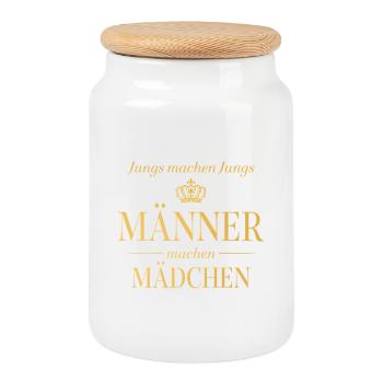 Jungs machen Jungs – Männer machen Mädchen - Keksdose mit Holzdeckel - Weiß - Vorne