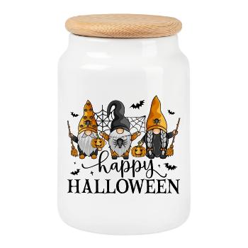 Frohe Halloween-Gnome - Keksdose mit Holzdeckel - Weiß - Vorne