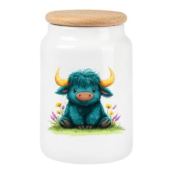Yak bleu dans une mer de fleurs - Boîte à biscuits avec couvercle en bois - blanc - Devant