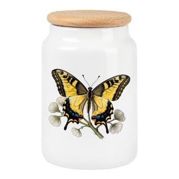 Swallowtail Butterfly - Engraving Drawing - Cookie Jar with Wooden Lid - white - Front