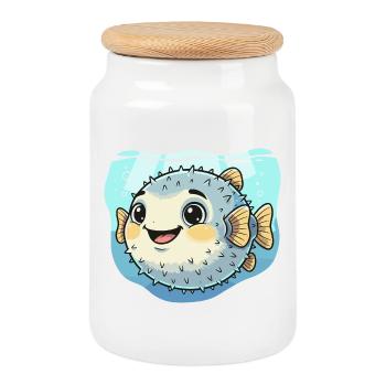 Kugelfisch Kawaii Unterwasserfreude - Keksdose mit Holzdeckel - Weiß - Vorne