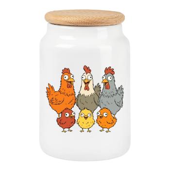 Funny chickens, roosters and chicks - Cookie Jar with Wooden Lid - white - Front