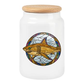 Illustration de la mosaïque de requin en vitrail - Boîte à biscuits avec couvercle en bois - blanc - Devant