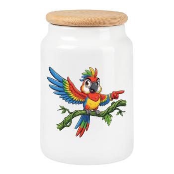 Perroquet coloré sur une branche – Pose - Boîte à biscuits avec couvercle en bois - blanc - Devant