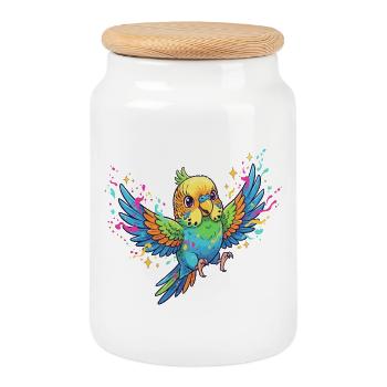 Colorful budgie color frenzy - Cookie Jar with Wooden Lid - white - Front