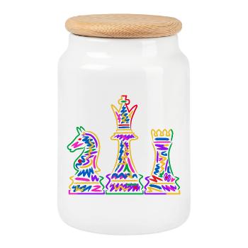 Chess Player Colorful Chess Pieces Kids Chess - Cookie Jar with Wooden Lid - white - Front