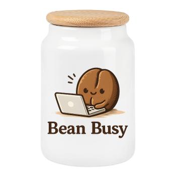 Bean Busy - Un petit grain de café mignon au Laptop Cafe - Boîte à biscuits avec couvercle en bois - blanc - Devant