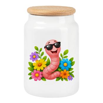 Wurm mit Sonnenbrille im Blumenmeer - Keksdose mit Holzdeckel - Weiß - Vorne