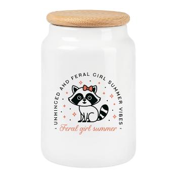 Feral girl summer raccoon aesthetic - Cookie Jar with Wooden Lid - white - Front