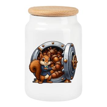 Squirrel in the Safe Nut Bank - Cookie Jar with Wooden Lid - white - Front
