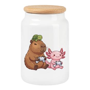 Capybara et Axolotl Gaming Drôle - Boîte à biscuits avec couvercle en bois - blanc - Devant