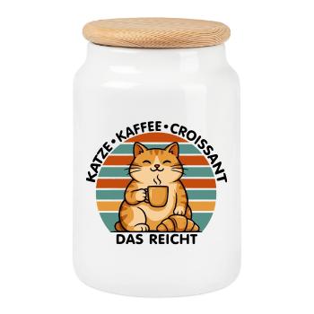 Katze Kaffee Croissant - Keksdose mit Holzdeckel - Weiß - Vorne