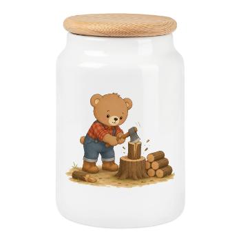 Bär beim Holzhacken Waldarbeit Tiermotiv - Keksdose mit Holzdeckel - Weiß - Vorne