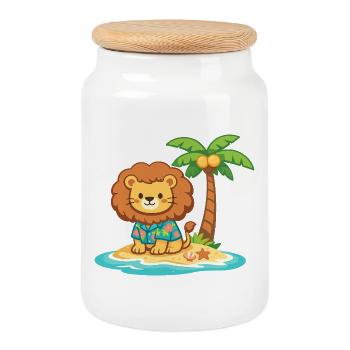 Lion tropical sur la plage - Boîte à biscuits avec couvercle en bois - blanc - Devant