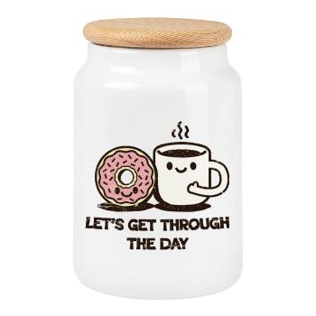 Let's Get through The Day - Coffee & Donut - Cookie Jar with Wooden Lid - white - Front