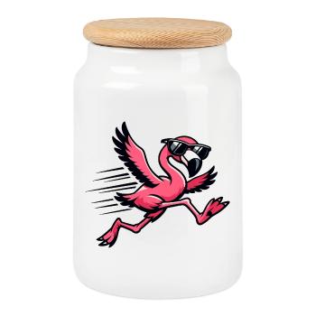 Flamant rose en course avec des lunettes de soleil - Boîte à biscuits avec couvercle en bois - blanc - Devant