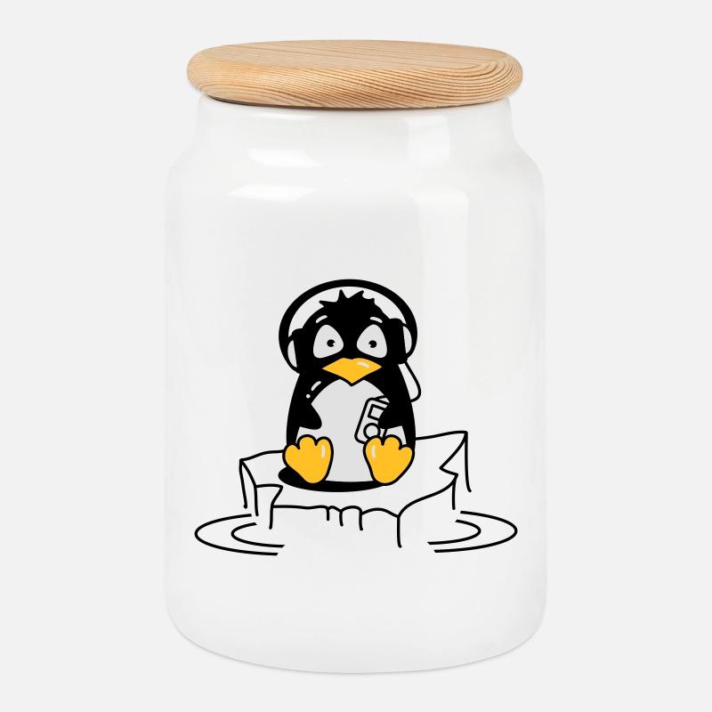 Cooler Pinguin mit Kopfhörern auf Eis - Keksdose mit Holzdeckel - Weiß