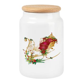 Cheval de traîneau décoré pour Noël - Boîte à biscuits avec couvercle en bois - blanc - Devant