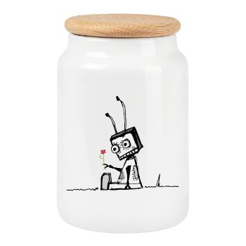 A robot with a flower - Cookie Jar with Wooden Lid - white - Front
