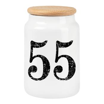 Nummer 55 (Vintage Schwarz) 55. Geburtstag - Keksdose mit Holzdeckel - Weiß - Vorne