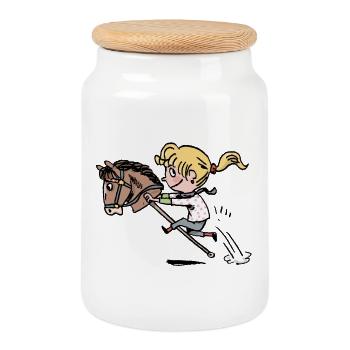 La jeune fille joyeuse monte un cheval de chasse - Boîte à biscuits avec couvercle en bois - blanc - Devant