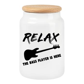 The bass player there is bass player, musician, instrument * - Cookie Jar with Wooden Lid - white - Front