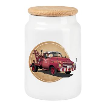 Abschleppwagen Oldtimer - Keksdose mit Holzdeckel - Weiß - Vorne
