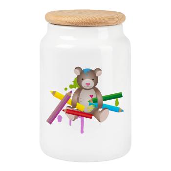 creative bear with colorful crayons - Cookie Jar with Wooden Lid - white - Front