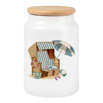 wunderschöner Strandkorb am Strand mit Accessoires - Keksdose mit Holzdeckel - Weiß - Vorne
