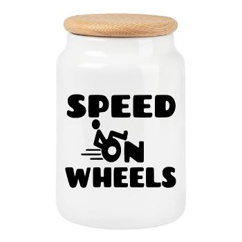 Speed on wheels, racing wheelchair users * - Cookie Jar with Wooden Lid - white - Front