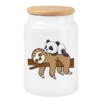 Sloth And Panda Süßes Tier Design - Keksdose mit Holzdeckel - Weiß - Vorne
