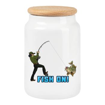 Fish On Fishing Design Angler Catch Moment - Cookie Jar with Wooden Lid - white - Front