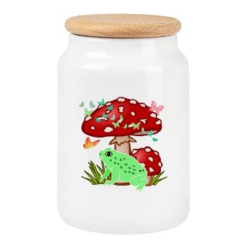 Cute Vintage Cottagecore Frog under Mushroom - Cookie Jar with Wooden Lid - white - Front