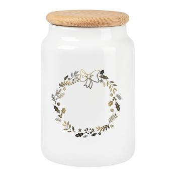 Couronne festive dorée avec ruban - Boîte à biscuits avec couvercle en bois - blanc - Devant