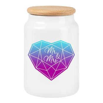 Mr. & Mrs. Wedding Engagement Marriage Proposal Love - Cookie Jar with Wooden Lid - white - Front
