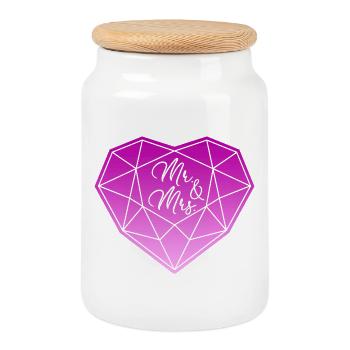 Mr. & Mrs. Wedding Engagement Marriage Proposal Love - Cookie Jar with Wooden Lid - white - Front