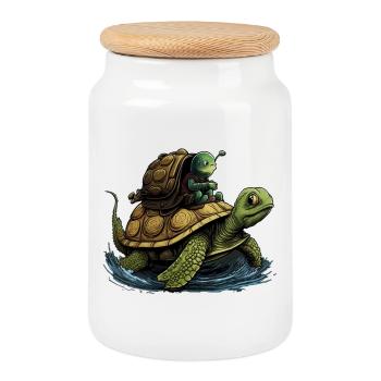 Small green snail can be seen by turtle m - Cookie Jar with Wooden Lid - white - Front