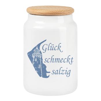 Glück schmeckt salzig – Amrum Nordsee Insel Design - Keksdose mit Holzdeckel - Weiß - Vorne