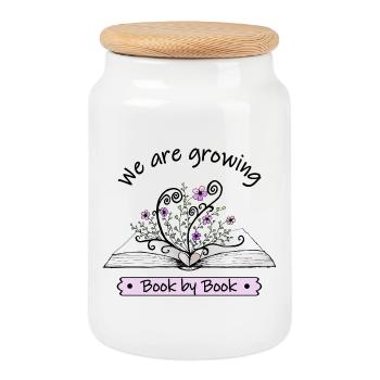 Des fleurs roses poussent à livre ouvert avec citation - Boîte à biscuits avec couvercle en bois - blanc - Devant
