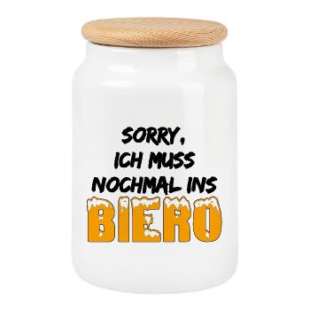 lustige Ausrede - Muss nochmal ins Biero - Witz - Keksdose mit Holzdeckel - Weiß - Vorne