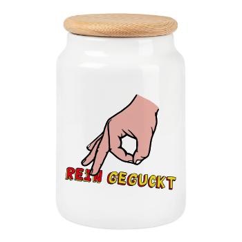 Comic Hand Index Finger with Retro Text - Cookie Jar with Wooden Lid - white - Front