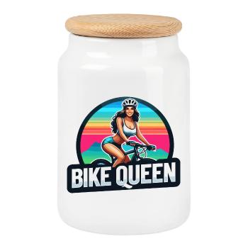 Bike Queen Sunset Cycling Design - Cookie Jar with Wooden Lid - white - Front