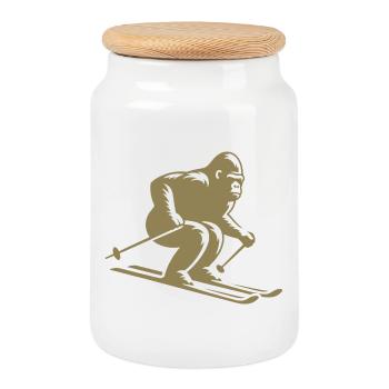 Monkey Gorilla Chimpanzee Ski Silhouette Design - Cookie Jar with Wooden Lid - white - Front