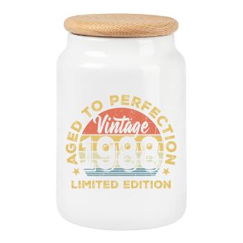 Vintage 1966 Aged to Perfection - Cookie Jar with Wooden Lid - white - Front