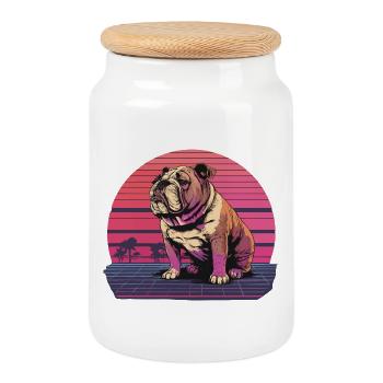 Retro Neon Bulldog - Keksdose mit Holzdeckel - Weiß - Vorne