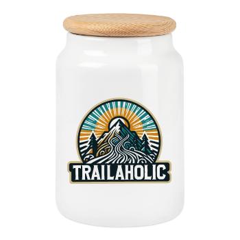 Trailaholic – Outdoor, Hiking & Mountain Bike Moti - Cookie Jar with Wooden Lid - white - Front