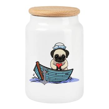 Pug Dog Heart Sailor Love Sailor Ahoy - Cookie Jar with Wooden Lid - white - Front