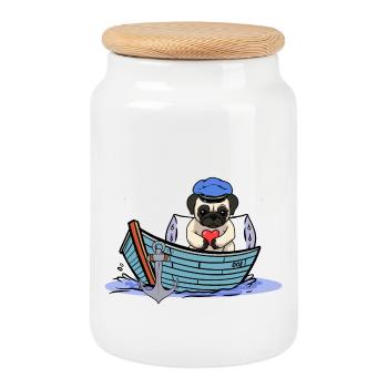 maritim Hund Boot Kapitän Matrose Ahoi - Keksdose mit Holzdeckel - Weiß - Vorne